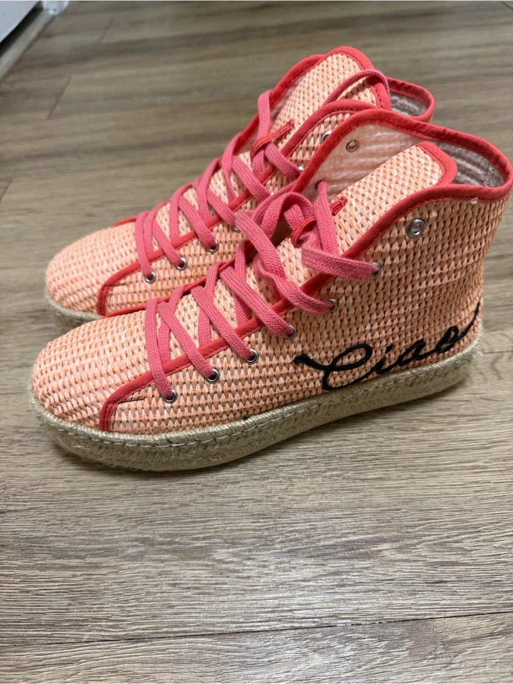 Anthropologie Coral Woven High-Top Espadrilles with Script Detail